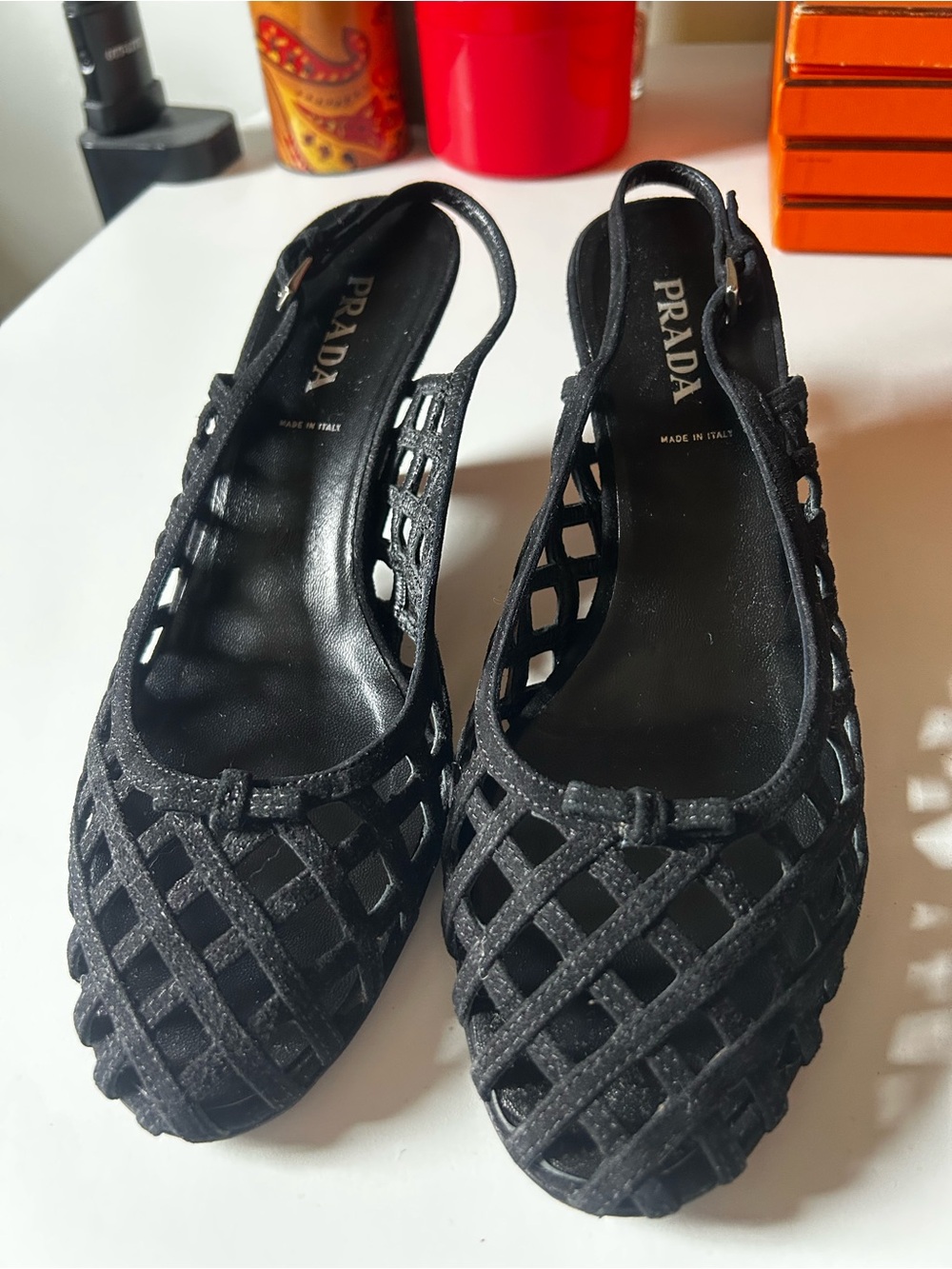 Prada Black Suede Cage Slingback Wedge Shoes 40
